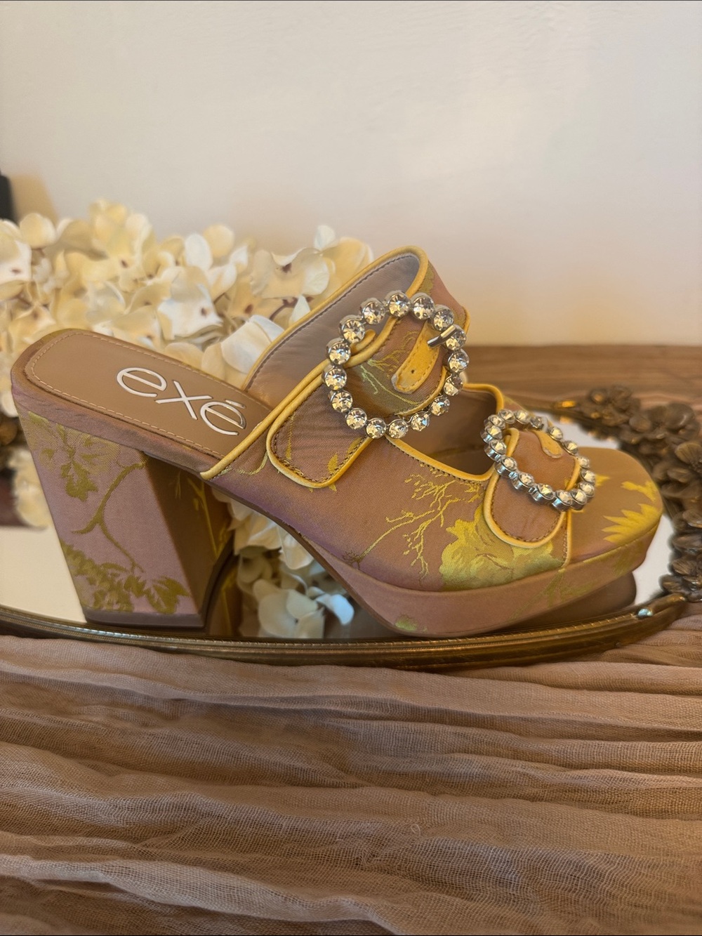 EXE Womans Floral Brocade Platform Mules in Mauve and Yellow